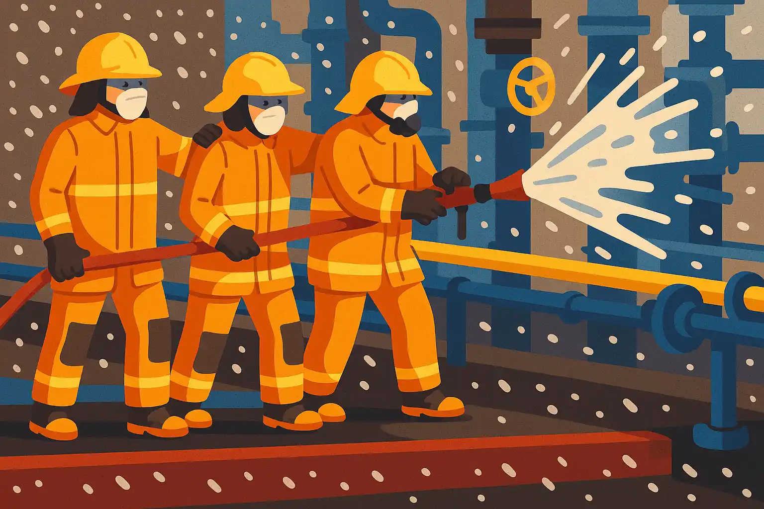Adiestramiento de Brigadistas industriales en acción durante simulacro de incendio, usando equipo de protección y manguera de agua para capacitación en emergencias – Ingeniería SIMA
