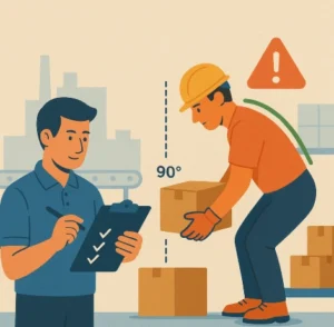 Ilustración de técnicas correctas de levantamiento de carga en ergonomía industrial, utilizada en capacitación para prevención de lesiones laborales – Ingeniería SIMA - Adiestramiento de Brigadistas
